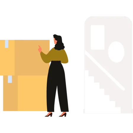 Girl is pointing at the cube cardboard  Illustration