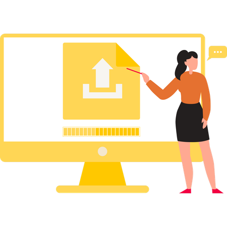 Girl is pointing at the files being uploaded on the monitor  Illustration