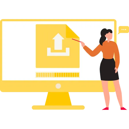 Girl is pointing at the files being uploaded on the monitor  Illustration