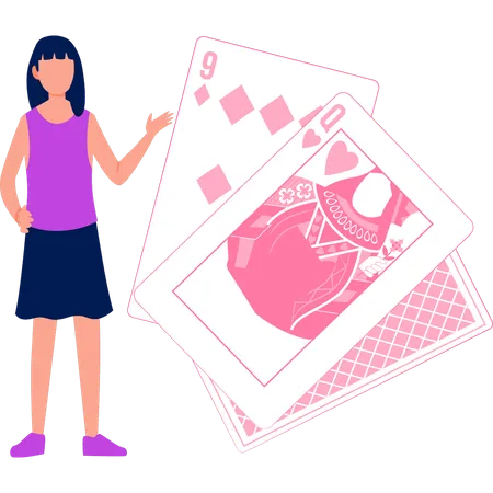 The Girl Is Pointing At The Gambling Cards Illustration
