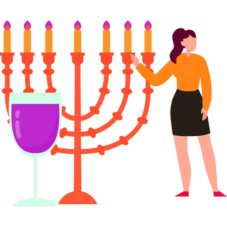 Girl is pointing at the hanukkah candles  Illustration