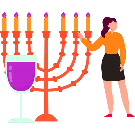 The Girl Is Pointing At The Hanukkah Candles Illustration