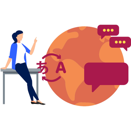 Girl is pointing at the language translator  イラスト