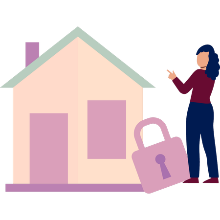Girl is pointing at the locked house  Illustration
