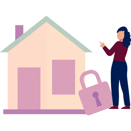 Girl is pointing at the locked house  Illustration