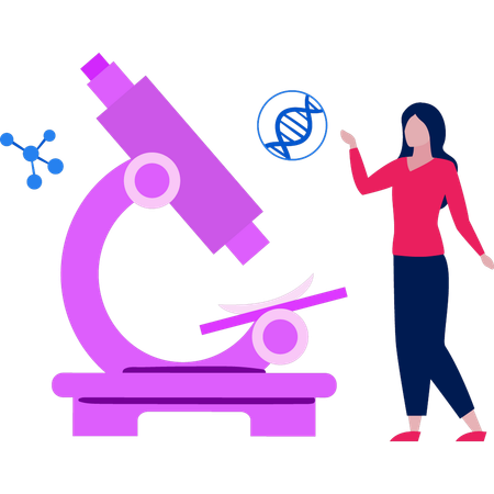 Girl is pointing at the microscope  일러스트레이션