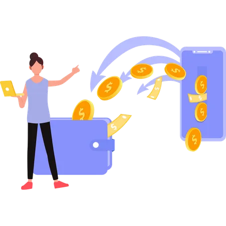 Girl is pointing at the money transferring  Illustration