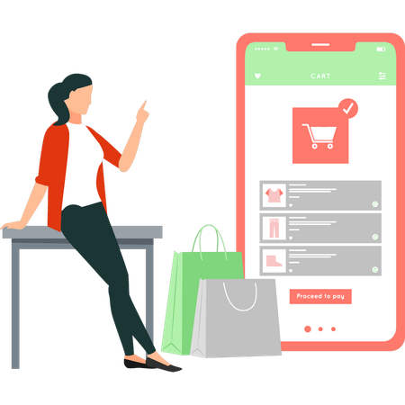 Girl is pointing at the online shopping on mobile  Illustration