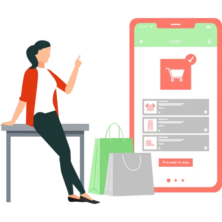 The Girl Is Pointing At The Online Shopping On Mobile Illustration
