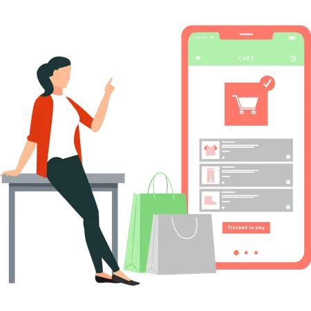 Girl is pointing at the online shopping on mobile  Illustration