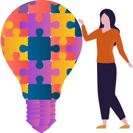 Girl is pointing at the puzzle bulb  Illustration