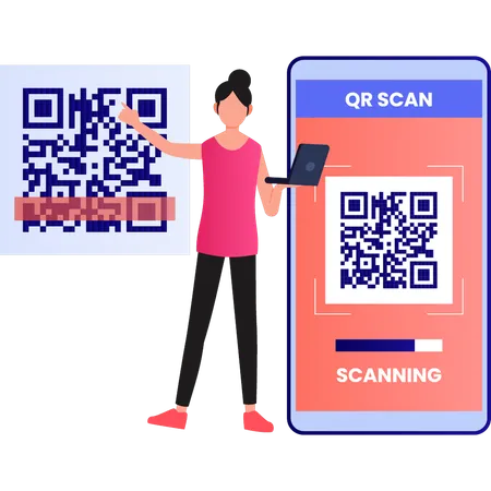 The Girl Is Pointing At The QR Code Illustration
