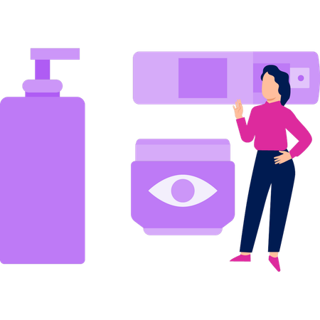Girl is pointing at the skin care products  イラスト