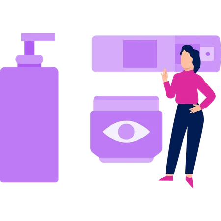 The Girl Is Pointing At The Skin Care Products Illustration