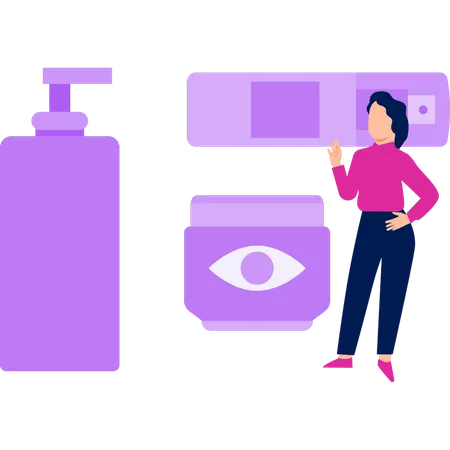 Girl is pointing at the skin care products  Illustration