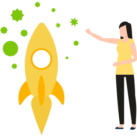 Girl is pointing at the startup rocket  Illustration