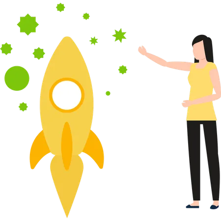 The Girl Is Pointing At The Startup Rocket Illustration