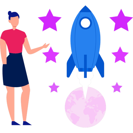 Girl is pointing at the startup rocket  Illustration