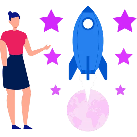 Girl is pointing at the startup rocket  Illustration