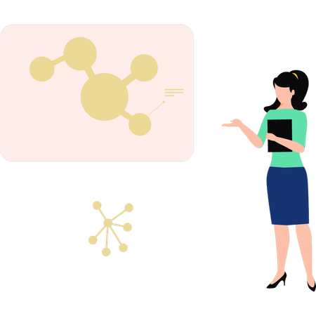 Girl is pointing at the structure of a particle  Illustration