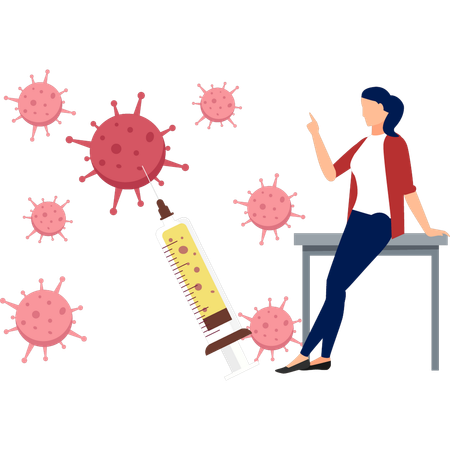Girl is pointing at the vaccine syringe  Illustration