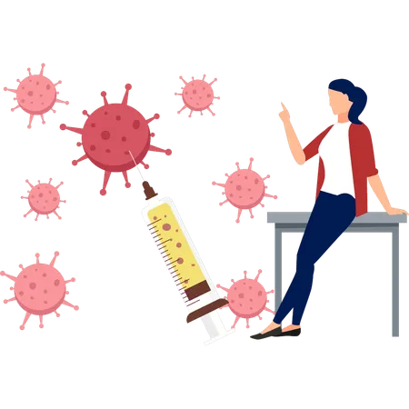 The Girl Is Pointing At The Vaccine Syringe Illustration