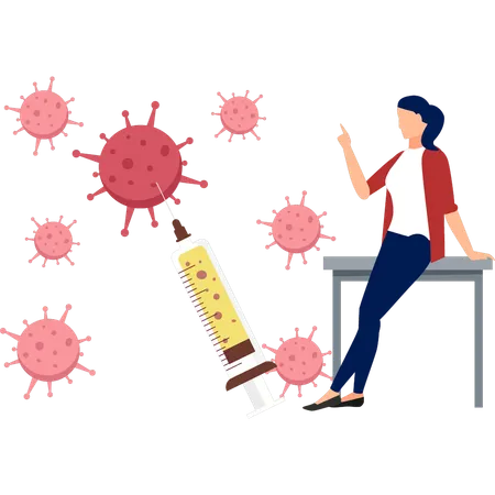 Girl is pointing at the vaccine syringe  Illustration