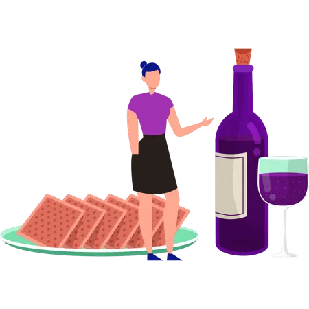 Girl is pointing at the wine bottle  Illustration