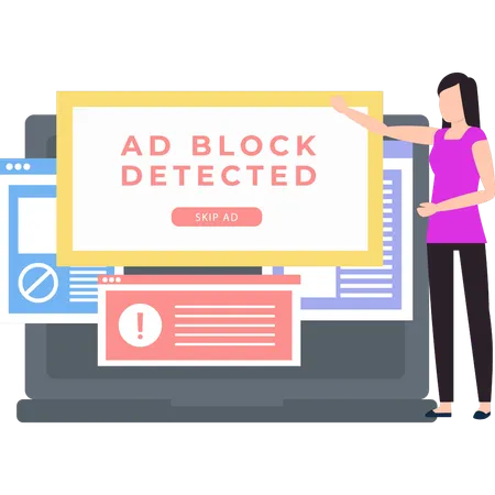 Girl is pointing to ad block detection popup.  Illustration