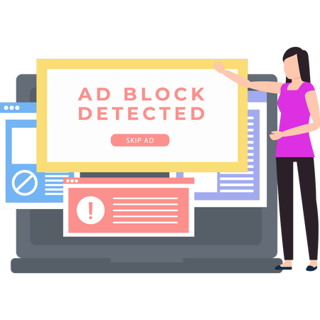 Girl is pointing to ad block detection popup.  Illustration