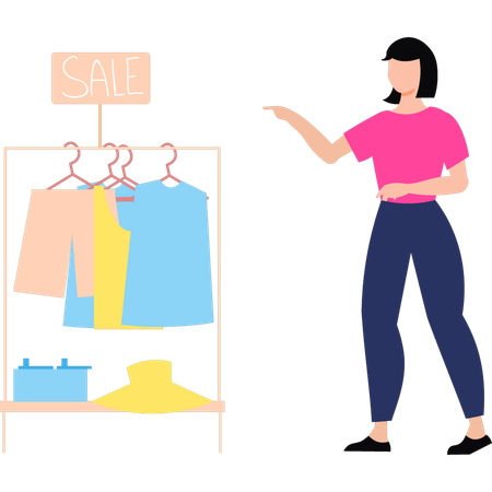 Girl is pointing to clothes on rack for sale  Illustration