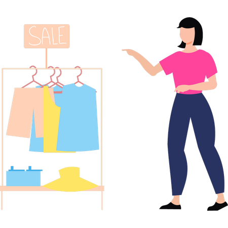 Girl is pointing to clothes on rack for sale  일러스트레이션