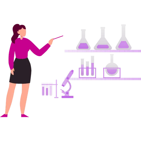 Girl is pointing to different flasks in the lab  Illustration
