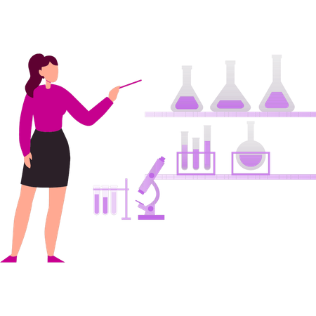 Girl is pointing to different flasks in the lab  Illustration