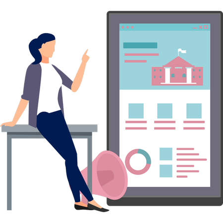 Girl is pointing to home online on mobile  イラスト