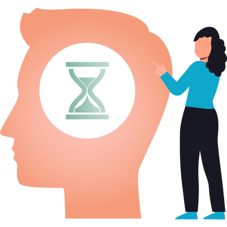 Girl is pointing to human thinking though sandglass  Illustration