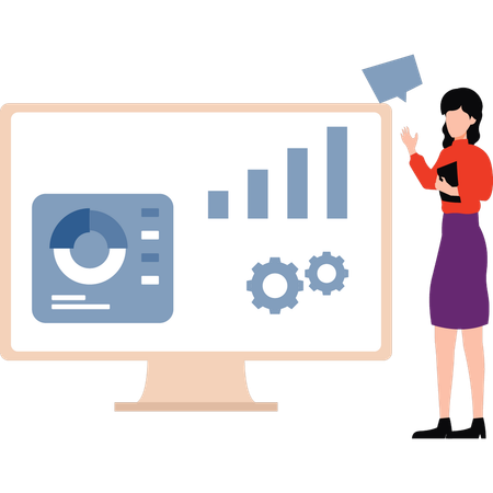 Girl is pointing to the bar graph on monitor  Illustration