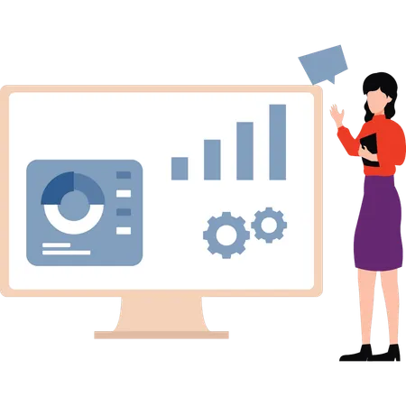 The Girl Is Pointing To The Bar Graph On Monitor Illustration