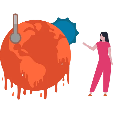 Girl is pointing to the global temperature  Illustration