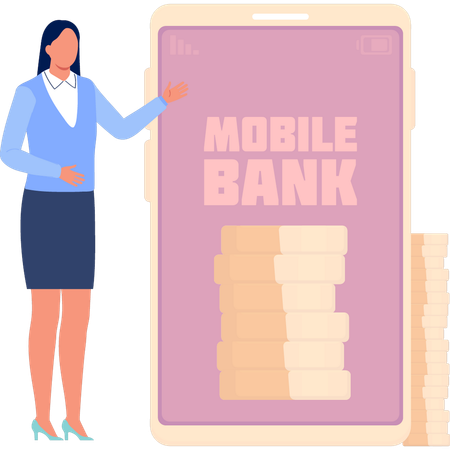 Girl is pointing to the mobile bank  Illustration