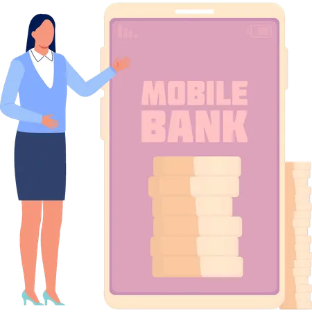 The Girl Is Pointing To The Mobile Bank Illustration