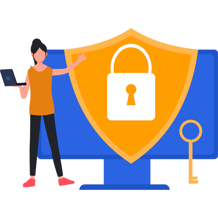 Girl is pointing to the shield lock on the laptop  Illustration