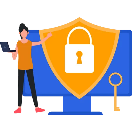 The Girl Is Pointing To The Shield Lock On The Laptop Illustration