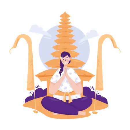 A Woman Is Praying Hindu Worship Celebrating Nyepi Day Illustration イラスト