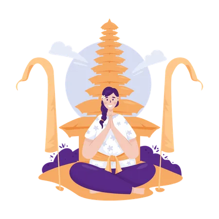 Girl is praying on Nyepi day  Illustration