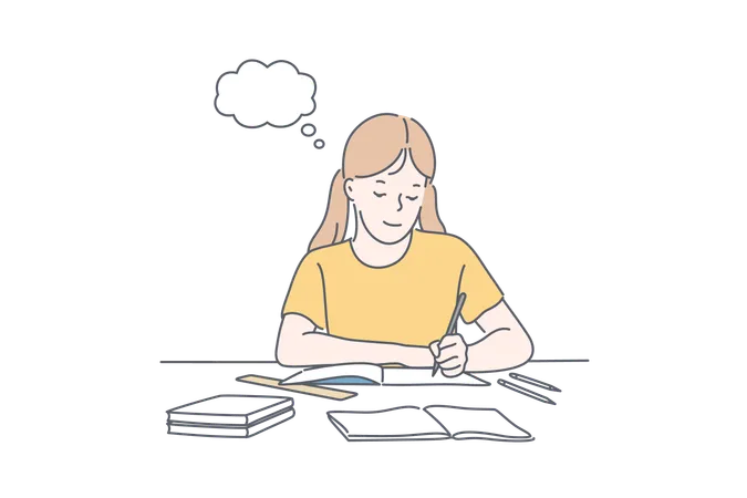 Education Learning School Concept Happy Girl Studies Subjects At School Kid Pupil Engaged In Education Writing Schoolgirl Is Learning Or Thinking About Solving Exercise Simple Flat Vector Illustration