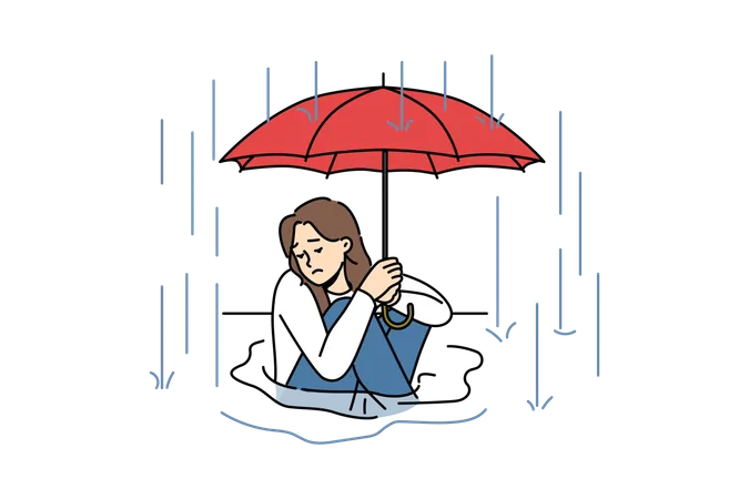 Girl is protecting herself from heavy rain  Illustration