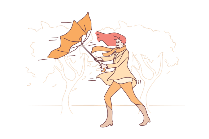 Girl is protecting herself from storm wind  Illustration