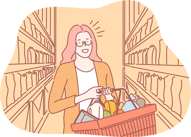 Girl is purchasing in supermarket  Illustration