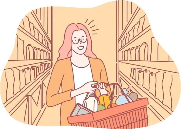 Girl is purchasing in supermarket  Illustration